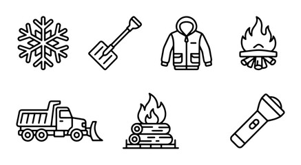 Winter Icons: Snowflake, Snowplow, Parka, Fireplace, Shovel, Flashlight, Campfire © Maruf