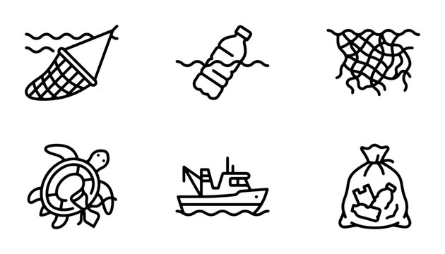 Ocean Pollution Icons: Fishing Net, Plastic Bottle, Debris, Turtle, Boat, Trash Bag