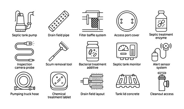 Septic System Components Icons: Pump, Filter, Tank, Pipe, Monitor, Hose, Tools, Additives