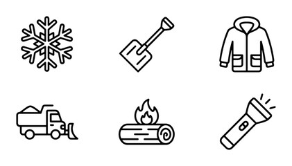Winter Icons Set: Snowflakes, Shovel, Parka, Snowplow, Firewood, Flashlight, Cold Weather Gear © Maruf