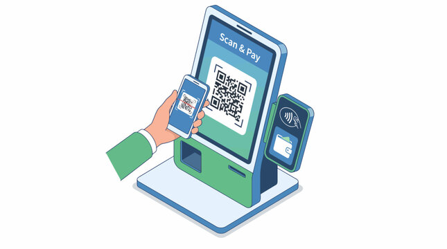 Scan and Pay Kiosk with Mobile Phone, QR Code Payment, Isometric 3D Illustration