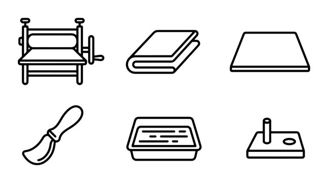 Printmaking Tools & Supplies Icons, Graphic Resources Set, Art Studio Equipment