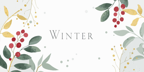 watercolor floral arrangement with berries and leaves pale blue and gold tones © Mitali