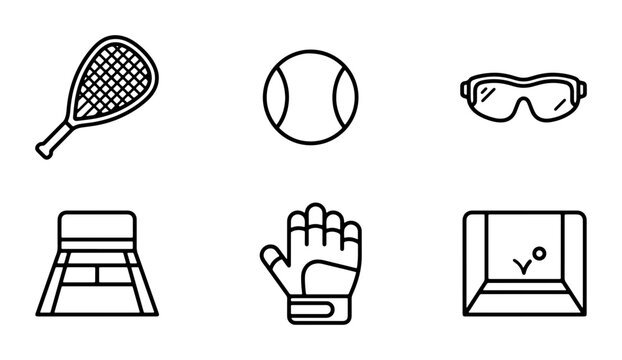Racquetball Sport Equipment Icons, Protective Gear, Court, Ball, Glove, Vector Set
