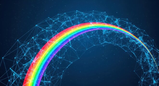 Bright colorful rainbow arc on dark blue digital background illustration