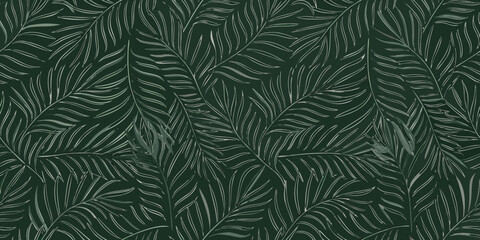seamless pattern of stylized fern leaves in monochromatic dark green © Mitali