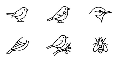 Fototapeta premium Minimalist Bird and Bee Icons, Simple Line Art Wildlife Graphics, Nature Elements Collection
