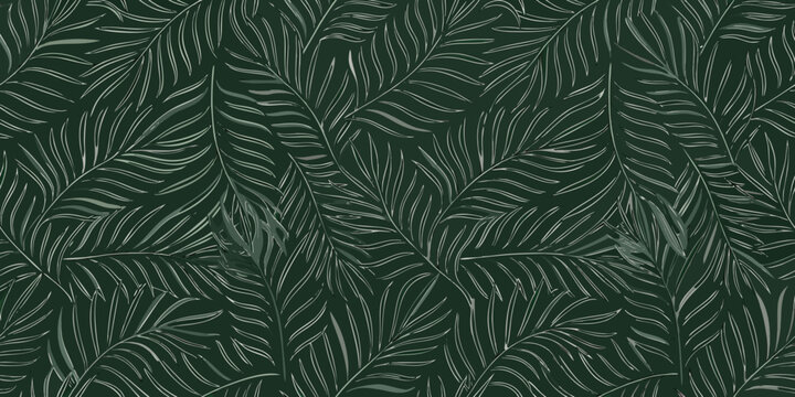 seamless pattern of stylized fern leaves in monochromatic dark green