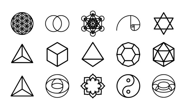 Sacred Geometry Icons Set: Metatron's Cube, Flower of Life, Yin Yang, Platonic Solids