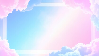 Obraz premium Soft Cloudy Gradient Frame Background with Dreamy Pastel Pink Purple Sky Fluffy Clouds Magic Fairy Tale Border Empty Copy Space Card Template for Cute Aesthetic Girly Banner Poster