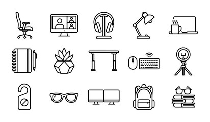 Fototapeta premium Home Office Icons Set: Desk, Chair, Computer, Lamp, Notebook, Plant, Headphones, Backpack, Ring Light