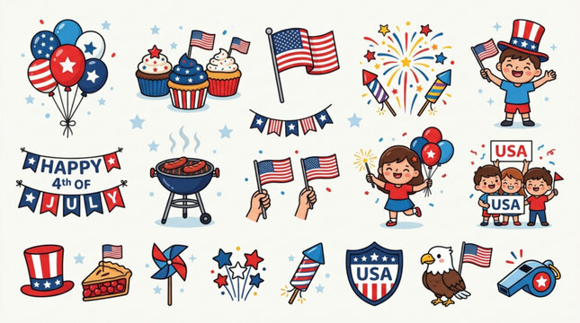 Vibrant cartoon icons celebrating independence day with patriotic symbols and festive elements