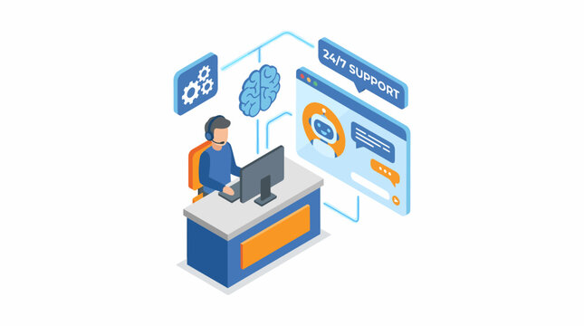 3D Isometric Customer Support Bot and Agent with Computer and Brain Icon