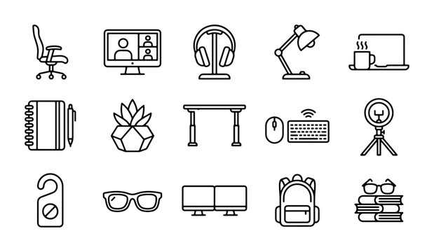 Home Office Icons Set: Desk, Chair, Computer, Lamp, Notebook, Plant, Headphones, Backpack, Ring Light