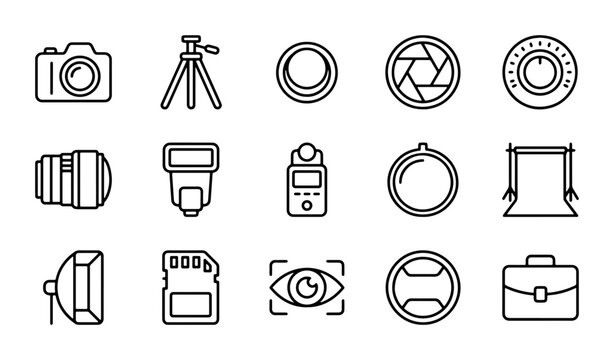Photography Icons Set: Camera, Lens, Tripod, Flash, SD Card, Light Meter, Studio Backdrop, Briefcase