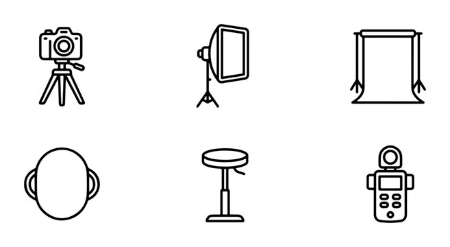 Photography Studio Icons Set: Camera, Light, Backdrop, Stool, Light Meter, Head