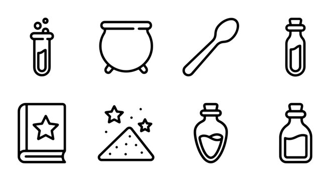 Magic Potion Icons, Witchcraft Symbols, Alchemy Elements, Spellbook Vector Set