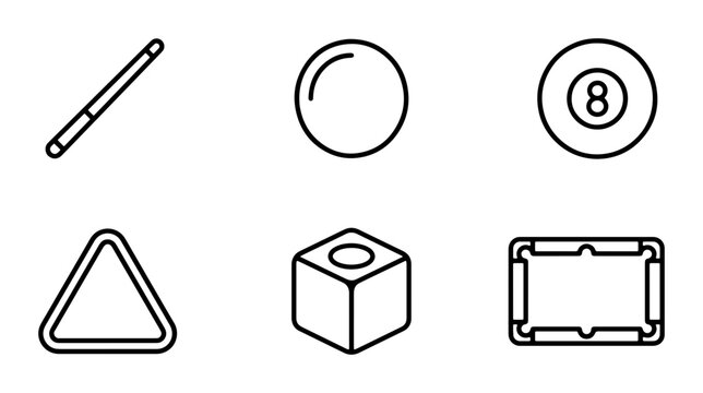 Billiard Icons Set, Pool Game Elements, Cue Stick, Balls, Triangle Rack, Chalk, Table Vector Graphics