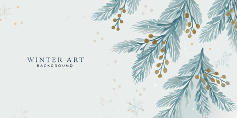 watercolor pine branches with golden berries on a pale blue background © Mitali