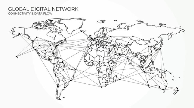 A detailed black and white line art map illustrating global digital network connectivity.
