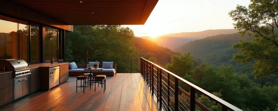 Modern deck with outdoor kitchen offers forest valley views at sunset. A cozy seating area and grill complete this luxurious mountain home escape.