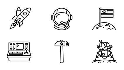 Fototapeta premium Space Exploration Icons: Rocket, Astronaut Helmet, Moon Landing, Control Panel, Lunar Module