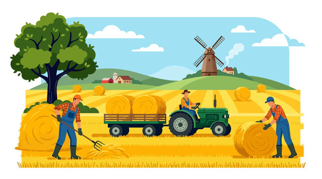 Three farmers working together in a golden wheat field with a tractor and hay bales.