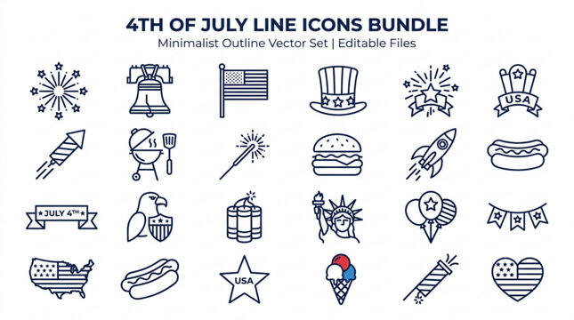 4th of july line icons bundle minimalist vector set for independence day celebrations