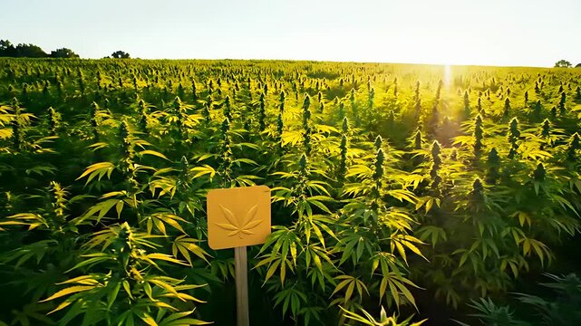 Vast cannabis field growing outdoors at sunset with a yellow leaf sign. Large scale legal marijuana cultivation facility for CBD and THC production. Medicinal herb farming and green economy concept.