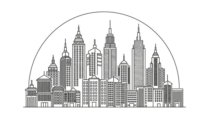 Minimalist black and white line art city skyline illustration.