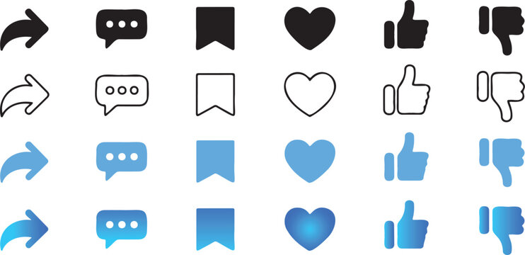 Collection of social media including share message bookmark heart thumbs up and thumbs down in black and blue gradient styles