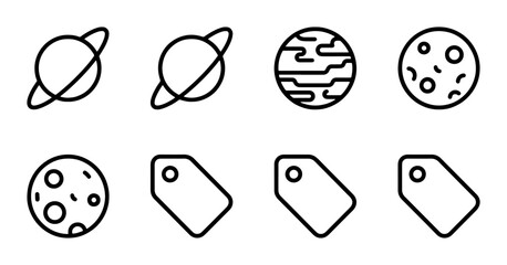 Space Planets and Tag Icons, Cosmic Celestial Objects, Sale Price Labels, Vector Graphics Set © Mamun