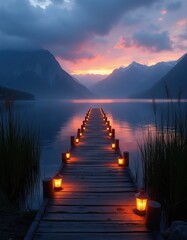 Obraz premium Wooden pier with lanterns over calm lake at dusk. Mountains and colorful sunset sky reflected in water. Tall grass borders the scene creating peaceful ambiance. Serene natural landscape setting.