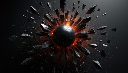 Obraz premium Dark sphere explodes outward sending shards and sparks into blackness. Abstract blast creates dramatic energetic effect with orange light glow. Cosmic or science concept.