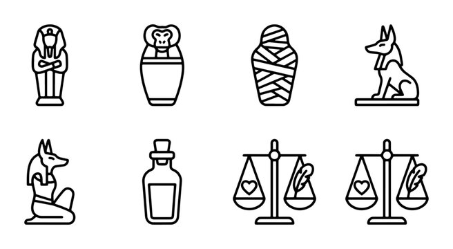 Ancient Egyptian Icons: Pharaoh, Mummy, Anubis, Scales of Justice, Vector Set