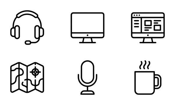 Set of 6 Simple Line Icons: Computer, Headphones, Microphone, Map, Coffee Mug, Web Design