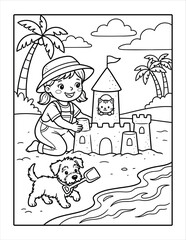 Fototapeta premium Girl building sandcastle on tropical beach coloring book page art in North America style.
