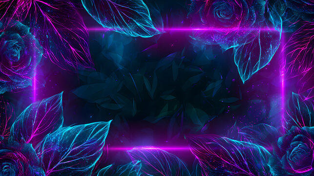 Futuristic botanical tech frame with neon border and elegant cyber floral branding