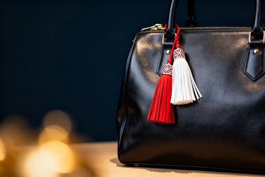 Black leather handbag with red and white tassels
