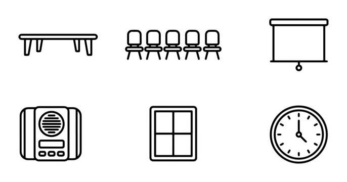 Meeting Room Icons: Table, Chairs, Screen, Speaker, Window, Clock, Vector Set