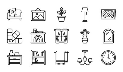 Fototapeta premium Home Decor Icons: 15 Vector Elements for Interior Design, Furniture, and Living Spaces