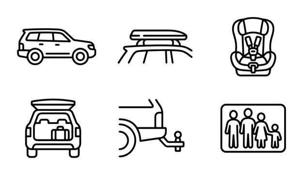 Car Accessories Icons: SUV, Roof Box, Child Seat, Trailer Hitch, Family Silhouette