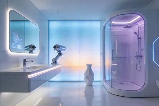 Futuristic smart bathroom with seamless white minimal design, glowing LED mirror, and digital ambient sunrise glass window