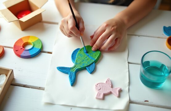 Child colors fish sculpture. Kid uses brush and paint for craft project. Little artist creates artwork on table. Creative fun with handmade hobby materials.
