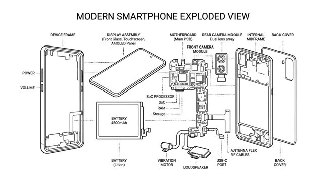 Detailed technical exploded view diagram of a modern smartphone components.