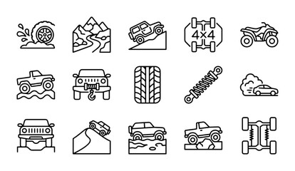 Off-Road Vehicle Icons, 4x4 Adventure Set, Mud Terrain, Mountain Driving, Extreme Sports © Faruk