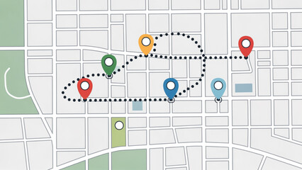 Fototapeta premium Colorful City Map with Route Paths and Location Pins in Urban Setting
