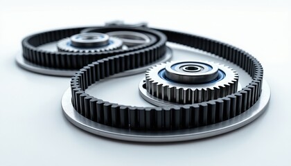 Naklejka premium Mechanical timing belts and pulleys with bearings arranged in a yin yang shape. Precise components create power transmission system for motion.