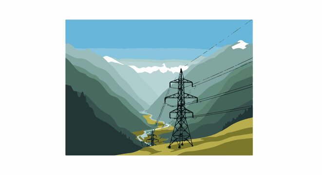 Power lines traverse a lush, green mountain valley with a winding river