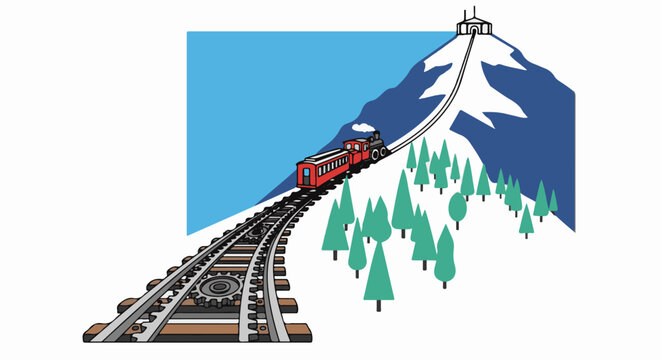 Cog railway train ascends snowy mountain past evergreen trees